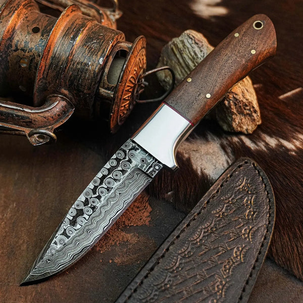 Load image into Gallery viewer, 8.8" Handmade Damascus Bushcraft Knife – Full Tang Wood Handle & Sheath
