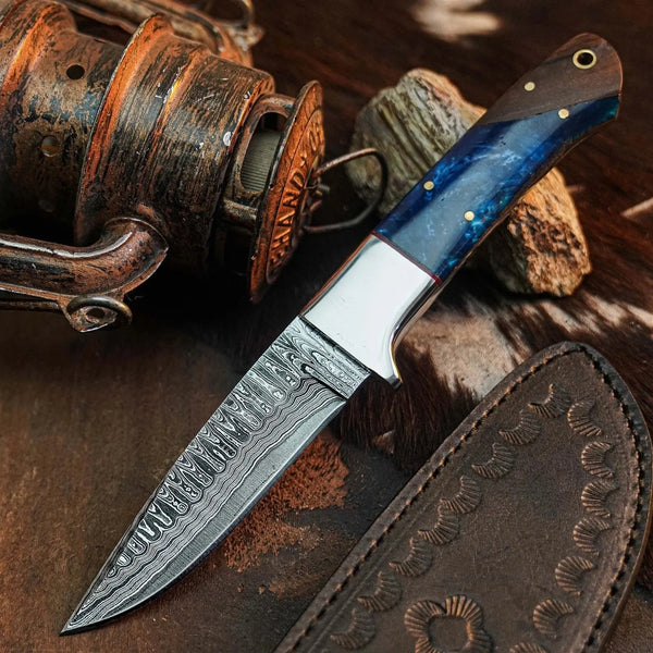 Load image into Gallery viewer, 8.8" Handmade Damascus Bushcraft Knife – Full Tang Resin Handle & Sheath