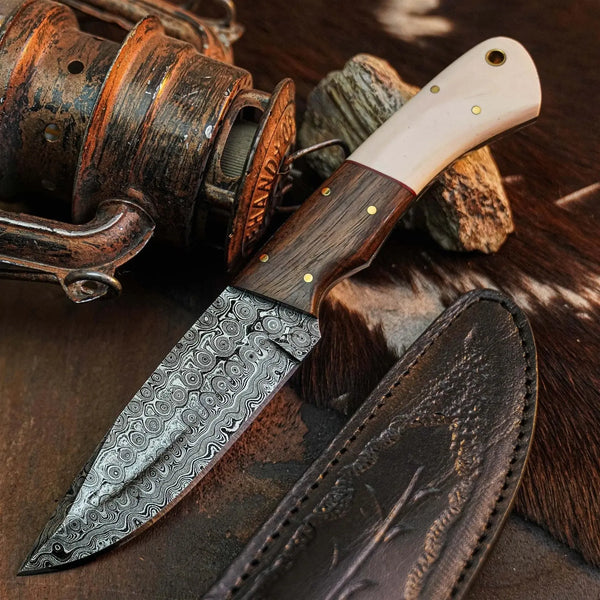 Load image into Gallery viewer, 9.2" Handmade Damascus Bushcraft Knife – Full Tang Wood Handle & Sheath