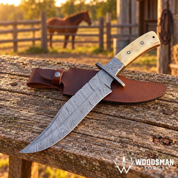 Load image into Gallery viewer, Bonecrest Damascus Bowie Knife – Cow Bone Handle & Mosaic Pins