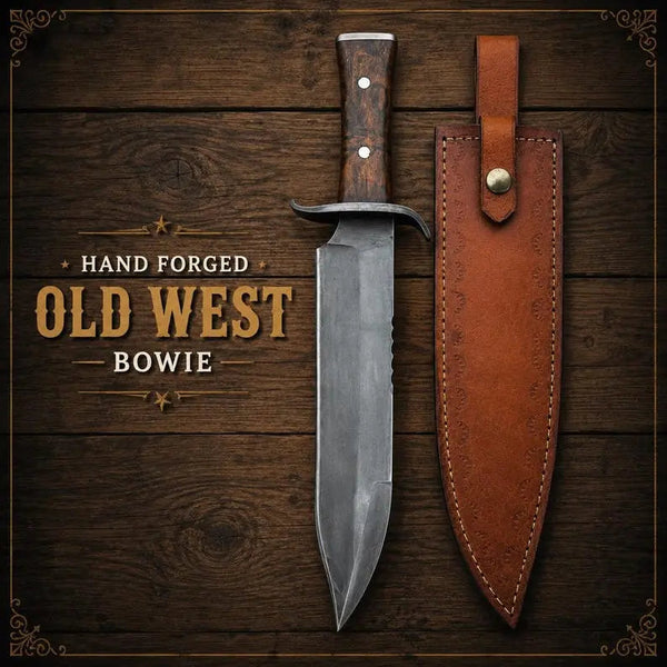 Load image into Gallery viewer, Hand Forged Bowie Hunting Knife with Wooden Handle & Leather Sheath