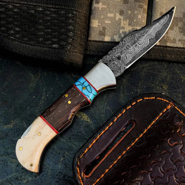 Load image into Gallery viewer, Damascus Hunting Pocket Knife with Camel Bone, Wenge & Resin Handle