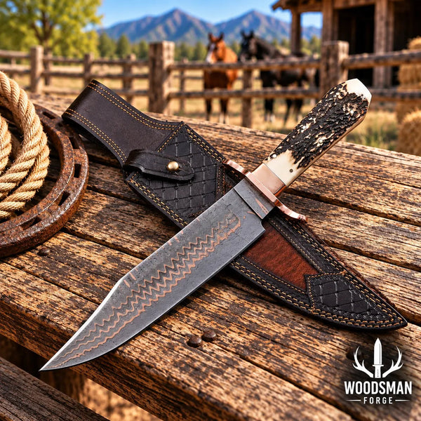 Load image into Gallery viewer, Copperwarden Copper Damascus Bowie Knife – Stag Antler Handle