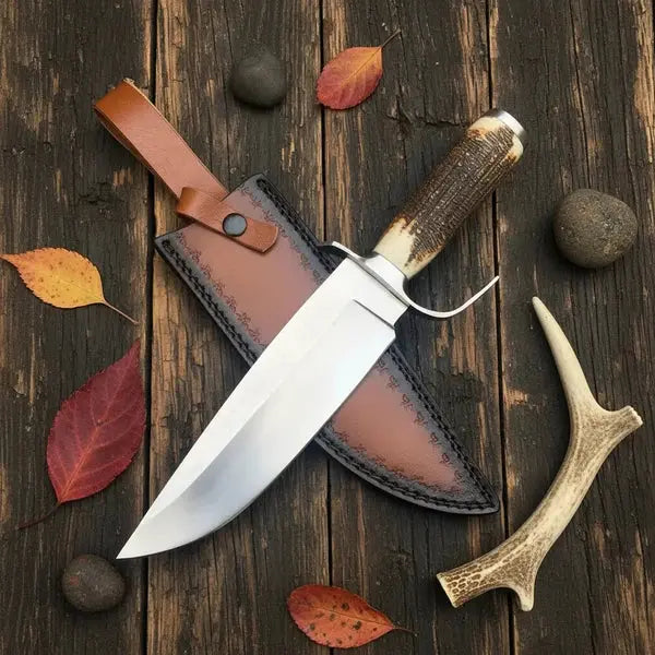 Load image into Gallery viewer, Handmade D2 Steel Bowie Knife – Natural Antler Handle & Leather Sheath