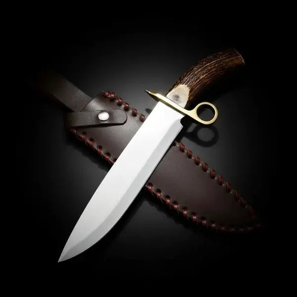 Load image into Gallery viewer, D2 Steel Bowie Knife – Mirror Polish, Stag Antler Handle & Leather Sheath
