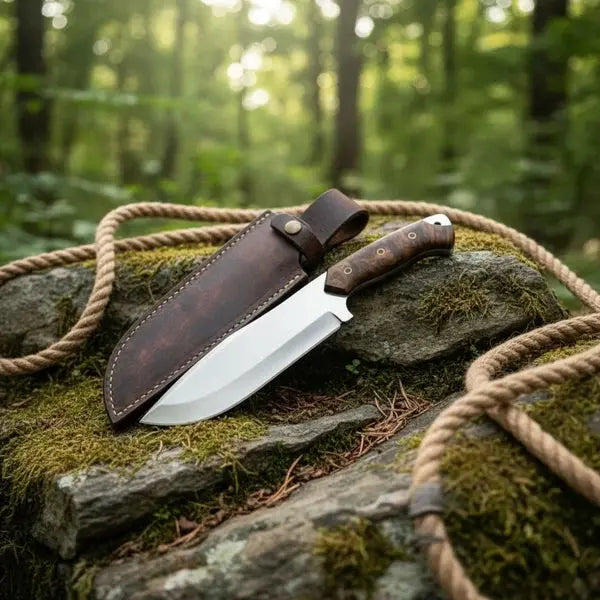 Load image into Gallery viewer, Handmade D2 Steel Bowie Knife – Stabilized Burl Wood Handle & Leather Sheath