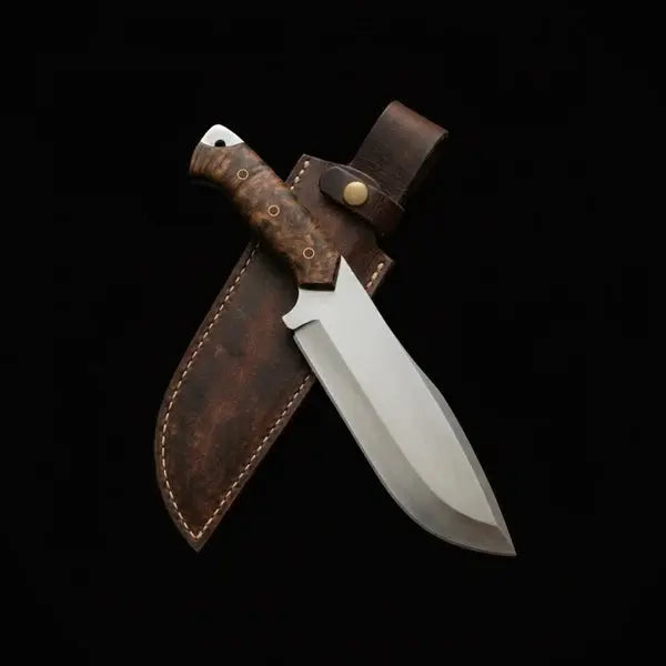 Load image into Gallery viewer, Handmade D2 Steel Bowie Knife – Stabilized Burl Wood Handle & Leather Sheath