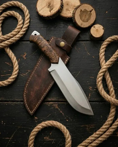 Load image into Gallery viewer, Handmade D2 Steel Bowie Knife – Stabilized Burl Wood Handle & Leather Sheath