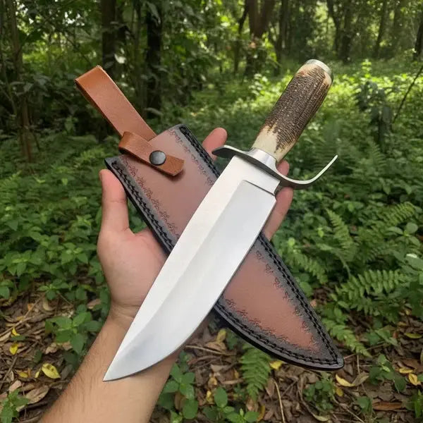 Load image into Gallery viewer, Handmade D2 Steel Bowie Knife – Natural Antler Handle & Leather Sheath