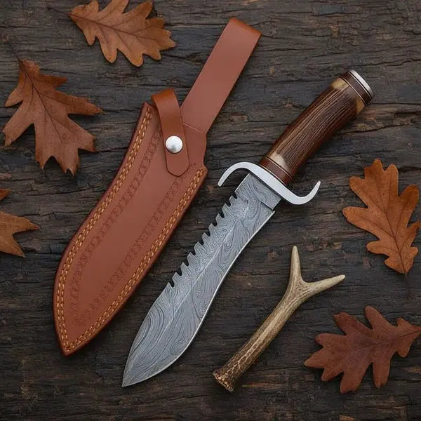 Load image into Gallery viewer, Handmade Damascus Bowie Knife – Antler & Rosewood Handle, Serrated Spine
