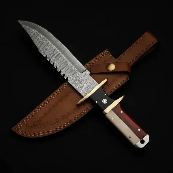 Load image into Gallery viewer, Handmade Damascus Bowie Knife – Rosewood & Bone Handle, Brass Guard & Leather Sheath