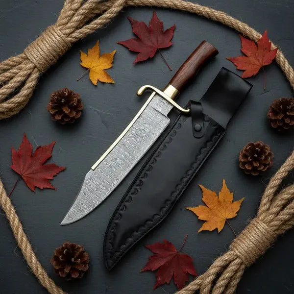 Load image into Gallery viewer, Handmade Damascus Bowie Knife – Rosewood Handle, Brass Guard & Leather Sheath