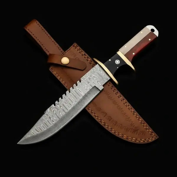 Load image into Gallery viewer, Handmade Damascus Bowie Knife – Rosewood & Bone Handle, Brass Guard & Leather Sheath