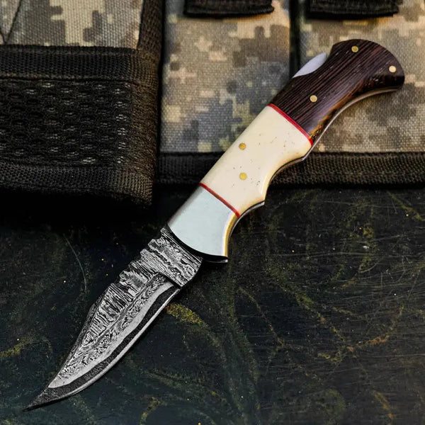Load image into Gallery viewer, Damascus Folding Hunting Knife with Wenge & Camel Bone Handle