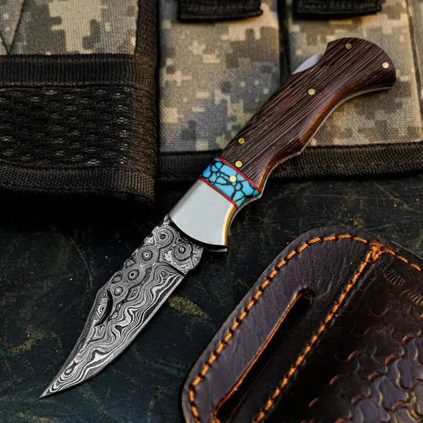 Load image into Gallery viewer, Damascus Folding Hunting Pocket Knife – Wenge Wood Handle