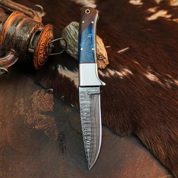 Load image into Gallery viewer, 8.8" Handmade Damascus Bushcraft Knife – Full Tang Resin Handle & Sheath