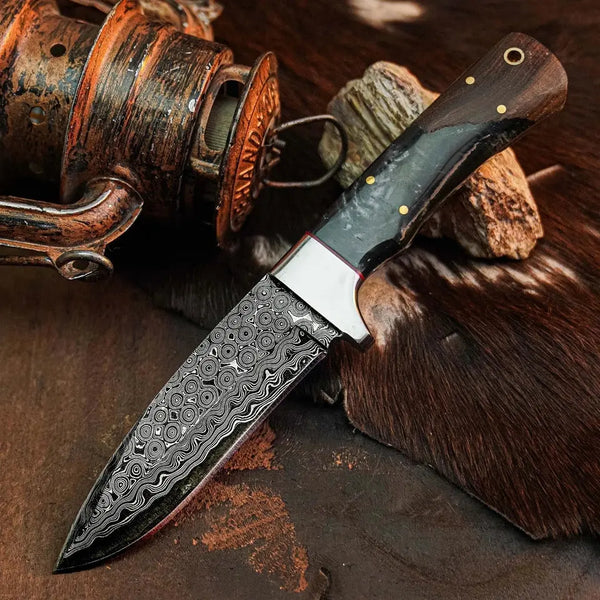Load image into Gallery viewer, 8.8" Handmade Damascus Bushcraft Knife – Full Tang Wood Handle & Sheath