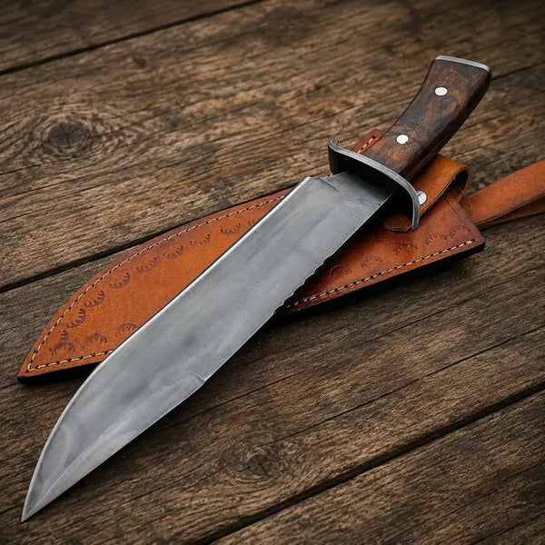 Load image into Gallery viewer, Hand Forged Bowie Hunting Knife with Wooden Handle & Leather Sheath