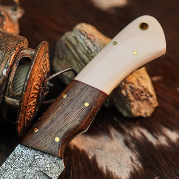 Load image into Gallery viewer, 9.2" Handmade Damascus Bushcraft Knife – Full Tang Wood Handle & Sheath