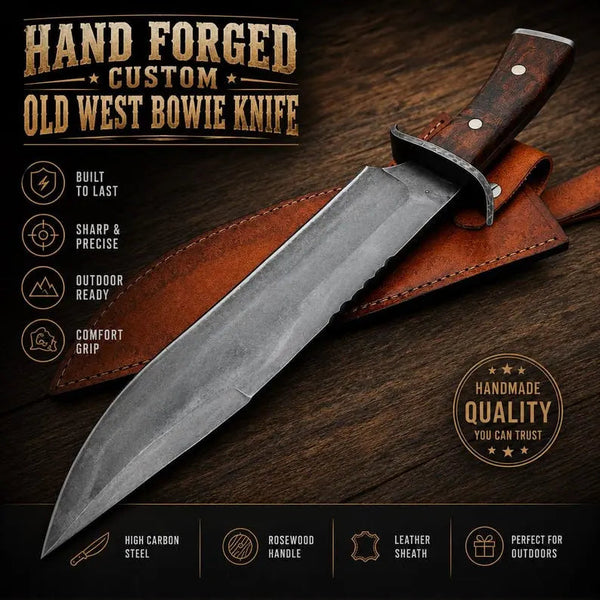 Load image into Gallery viewer, Hand Forged Bowie Hunting Knife with Wooden Handle & Leather Sheath