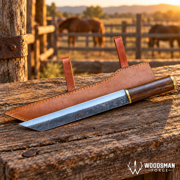 Load image into Gallery viewer, Walnut Trailcrest™ Carbon Steel Seax Knife – Walnut Handle & Brass