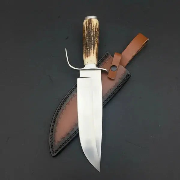 Load image into Gallery viewer, Handmade D2 Steel Bowie Knife – Natural Antler Handle & Leather Sheath