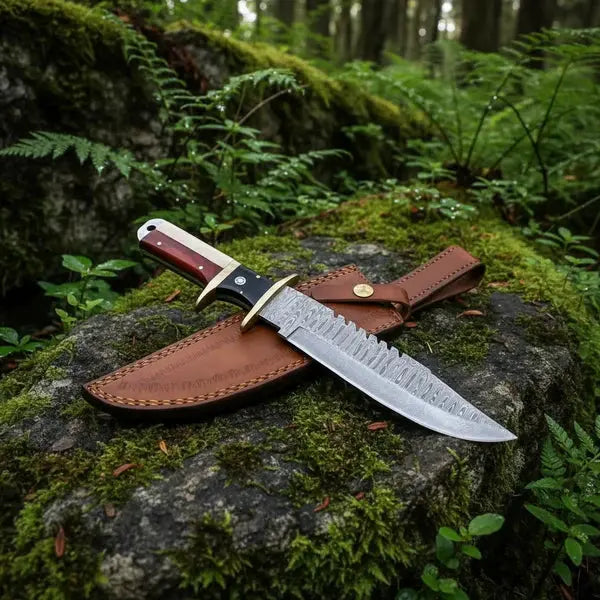 Load image into Gallery viewer, Handmade Damascus Bowie Knife – Rosewood & Bone Handle, Brass Guard & Leather Sheath