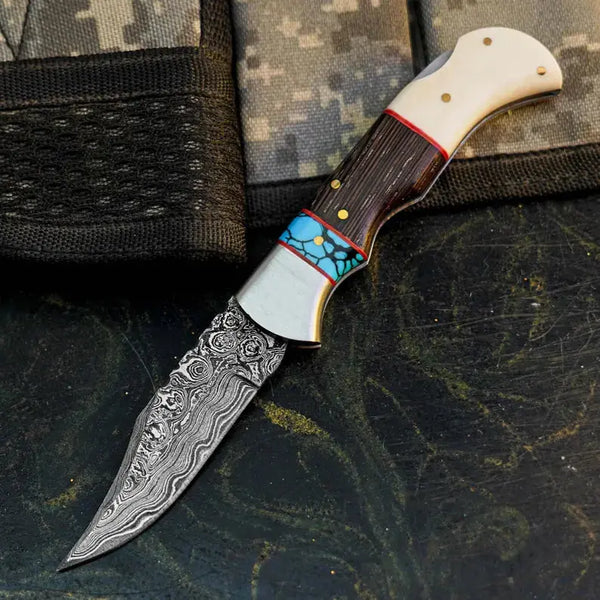 Load image into Gallery viewer, Damascus Hunting Pocket Knife with Camel Bone, Wenge & Resin Handle