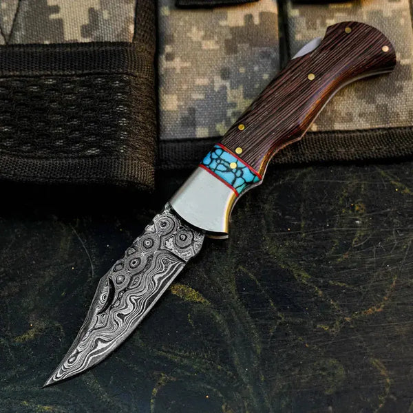 Load image into Gallery viewer, Damascus Folding Hunting Pocket Knife – Wenge Wood Handle