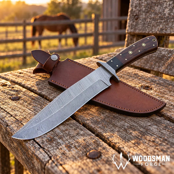 Load image into Gallery viewer, Rosebriar Damascus Bowie Knife – Rosewood Handle & Leather Sheath
