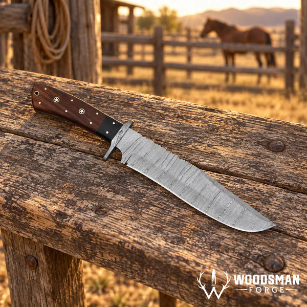 Load image into Gallery viewer, Rosebriar Damascus Bowie Knife – Rosewood Handle & Leather Sheath