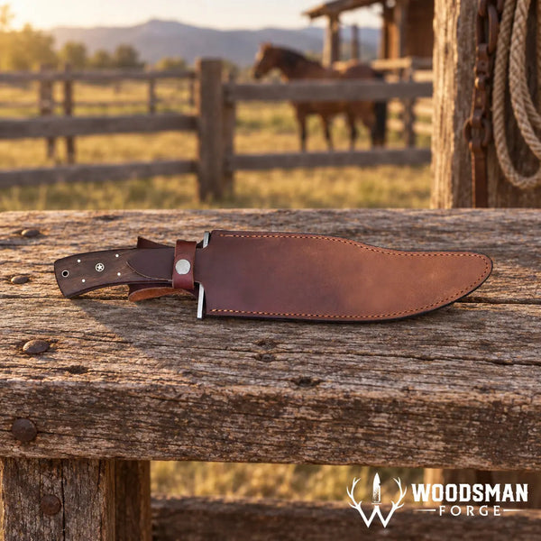 Load image into Gallery viewer, Rosewarden Damascus Bowie Knife – Rosewood Handle & Leather Sheath