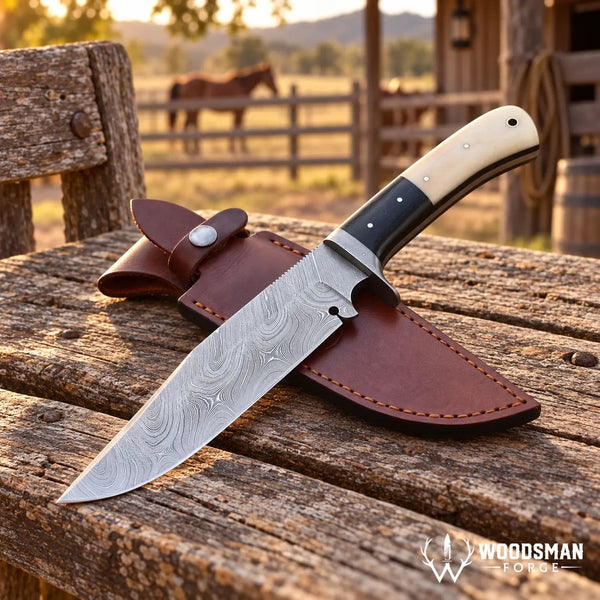 Load image into Gallery viewer, Stonebrook Damascus Bowie Knife – Bone & Micarta Handle