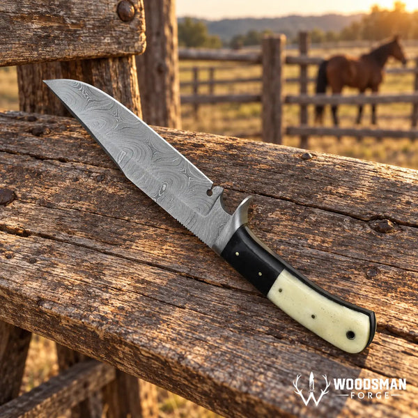 Load image into Gallery viewer, Stonebrook Damascus Bowie Knife – Bone & Micarta Handle
