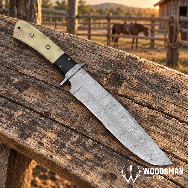 Load image into Gallery viewer, Stonewarden Damascus Bowie Knife – Bone Handle & Leather Sheath
