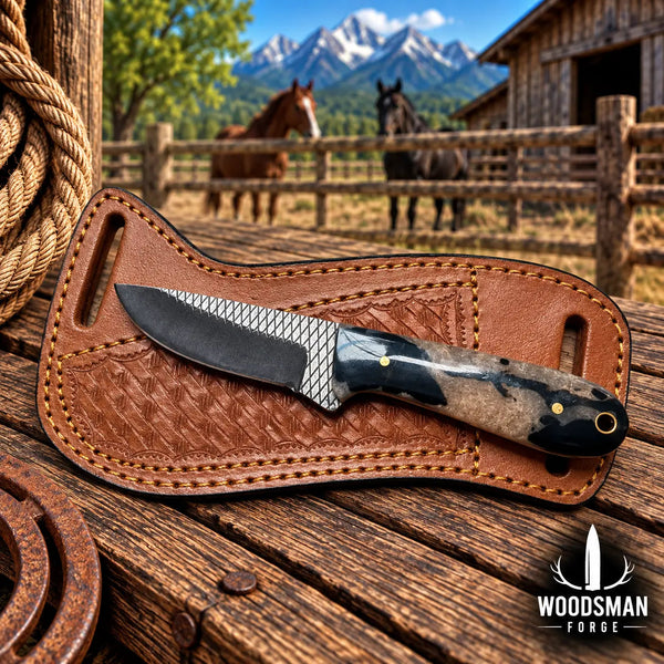 Load image into Gallery viewer, Thornvale Rasp Steel Skinner Knife – Resin Handle & Leather Sheath