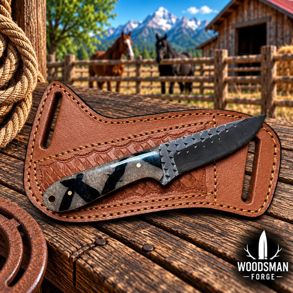 Load image into Gallery viewer, Thornvale Rasp Steel Skinner Knife – Resin Handle & Leather Sheath