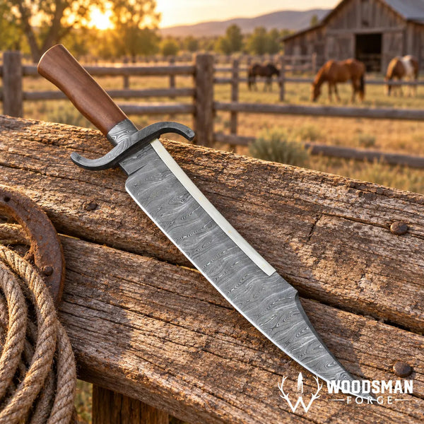 Load image into Gallery viewer, Ironwood Twisted Damascus Bowie Knife – Walnut Handle & Leather Sheath