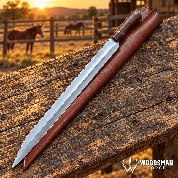 Load image into Gallery viewer, Northwood Longreach™ Long Seax Knife – 1040 Carbon Steel, Walnut Handle & Leather Scabbard