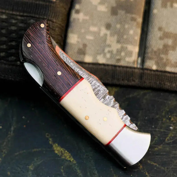 Load image into Gallery viewer, Damascus Folding Hunting Knife with Wenge & Camel Bone Handle