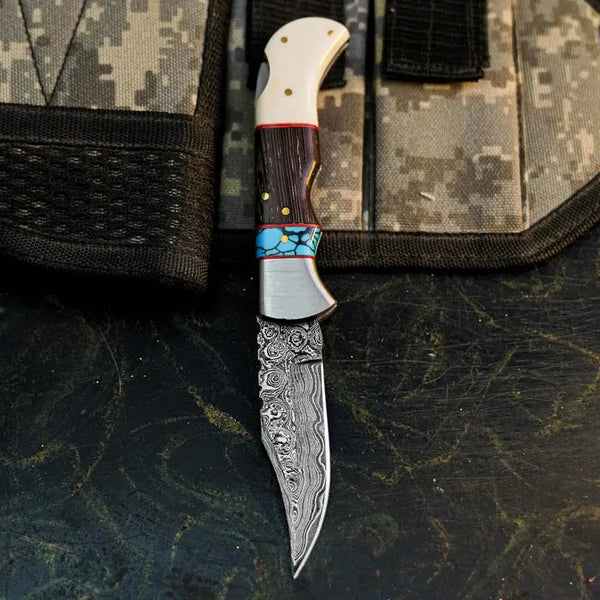 Load image into Gallery viewer, Damascus Hunting Pocket Knife with Camel Bone, Wenge & Resin Handle