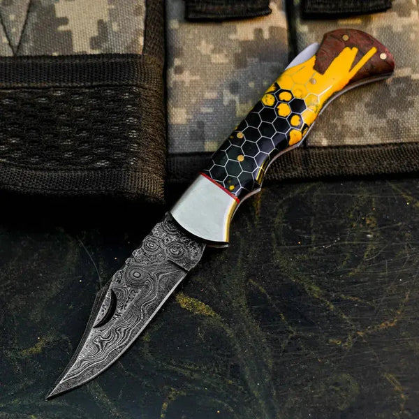 Load image into Gallery viewer, Damascus San Mai Hunting Knife with Wood & Resin Handle
