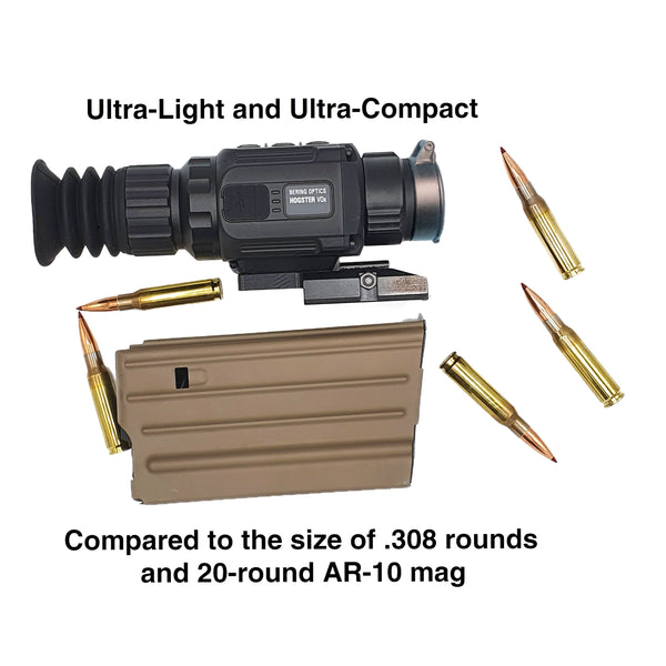 Load image into Gallery viewer, Bering Optics Hogster Stimulus Thermal Rifle Sight for Night Hunting compared to the size of .308 rounds and 20-round AR-10 mag