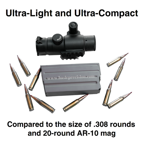 Load image into Gallery viewer, Bering Optics Night Probe Mini Night Vision Clip-On Attachments For Night Hunting Compared to the Size of .308 Rounds and 20-Round AR-10 Mag