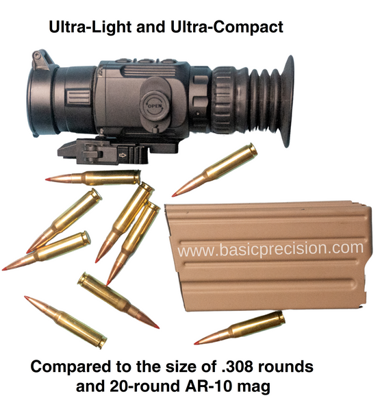 Load image into Gallery viewer, Bering Optics Super Hogser / Hogster Vibe Compared To The Size Of .308 Rounds and 20-Round AR-10 Mag