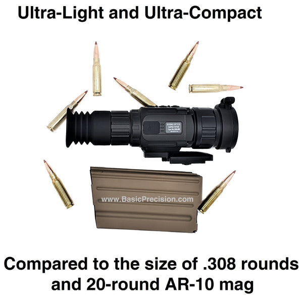 Load image into Gallery viewer, Bering Optics Super Yoter 640 x 480 pxl Thermal Scope compared to the size of .308 rounds and 20-round AR-10 mag