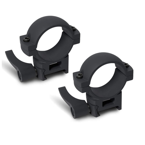 Quick Detach Scope Rings for 30 mm Tube Rifle Scopes. No tools required. Thumb twist-handle to tighten and to detach. The lever can be re-positioned after tightening by pulling, adjusting the position, and releasing the handle. These rings are compatible with both Picatinny and Weaver rails. Lightweight and solid build with hardened steel hardware and a 6061 aircraft-grade aluminum body.