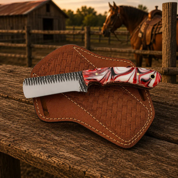 Load image into Gallery viewer, Ironcrest Bull Cutter Knife – Rasp Steel, Resin Handle &amp; Leather Sheath

