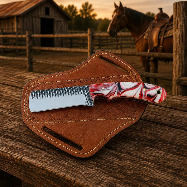 Load image into Gallery viewer, Ironcrest Bull Cutter Knife – Rasp Steel, Resin Handle &amp; Leather Sheath
