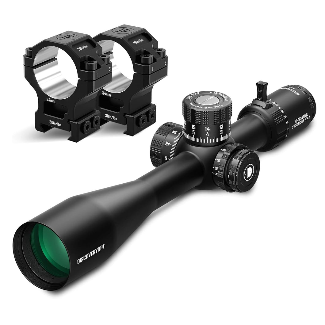 Discovery Optics ED-PRS GEN-II 5-25X56 Riflescope With Extra Low Dispercion Premium  34 mm Picatinny Mount Rings